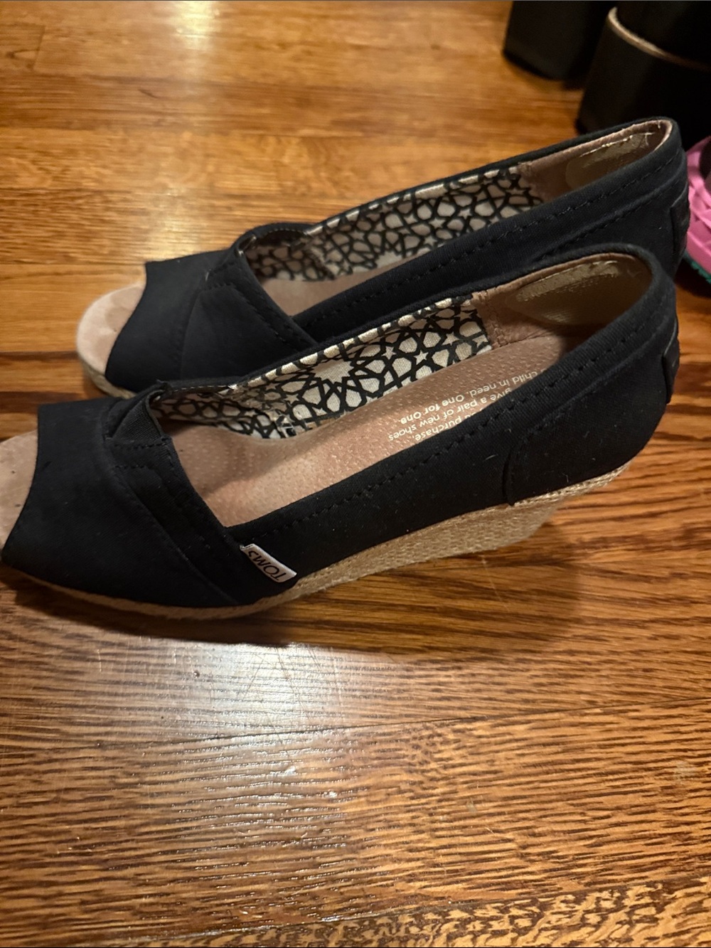 TOMS Black Canvas Espadrille Wedge Peep-Toe